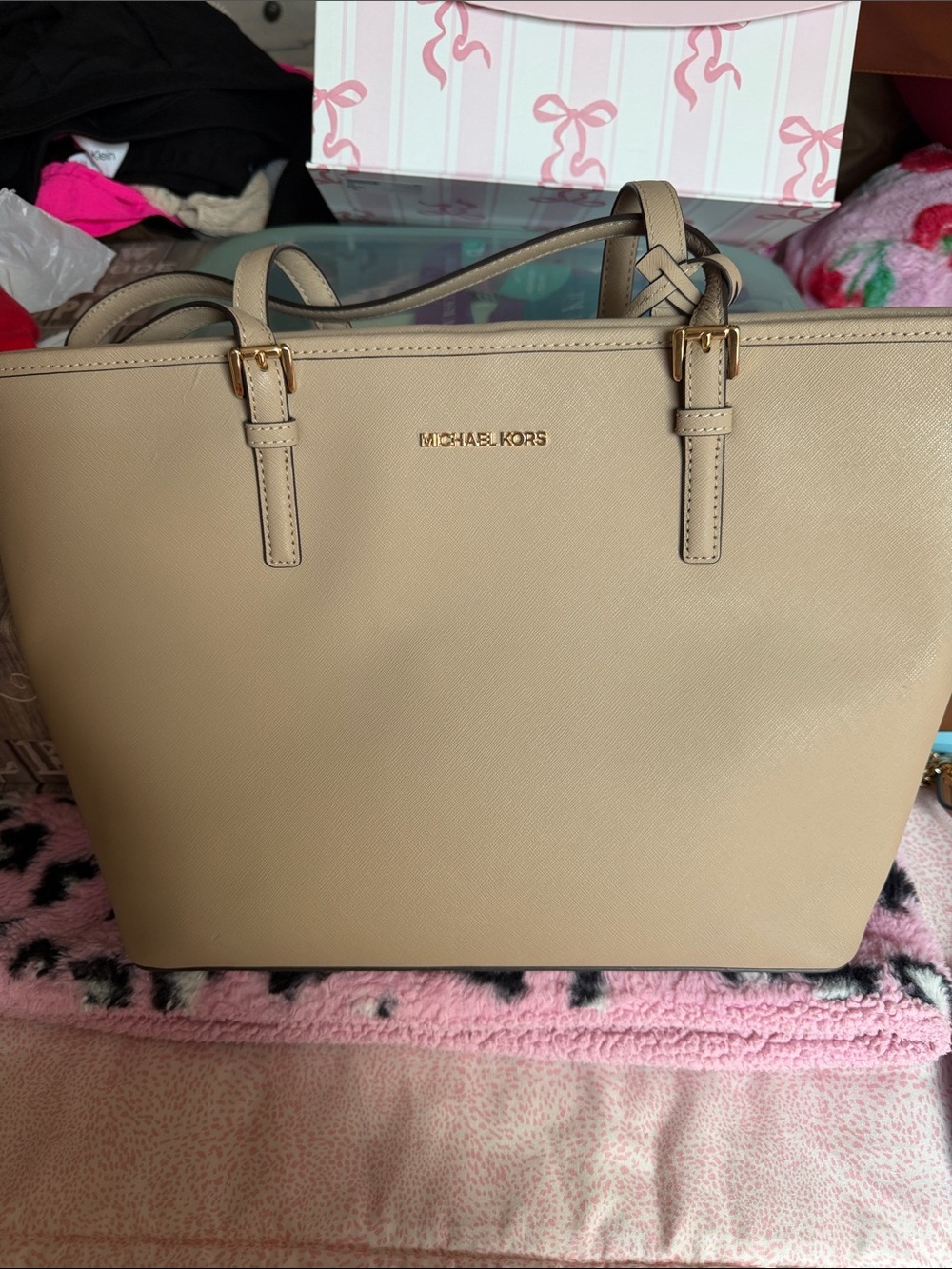 Michael Kors Taupe Saffiano Leather Tote with Gold Hardware